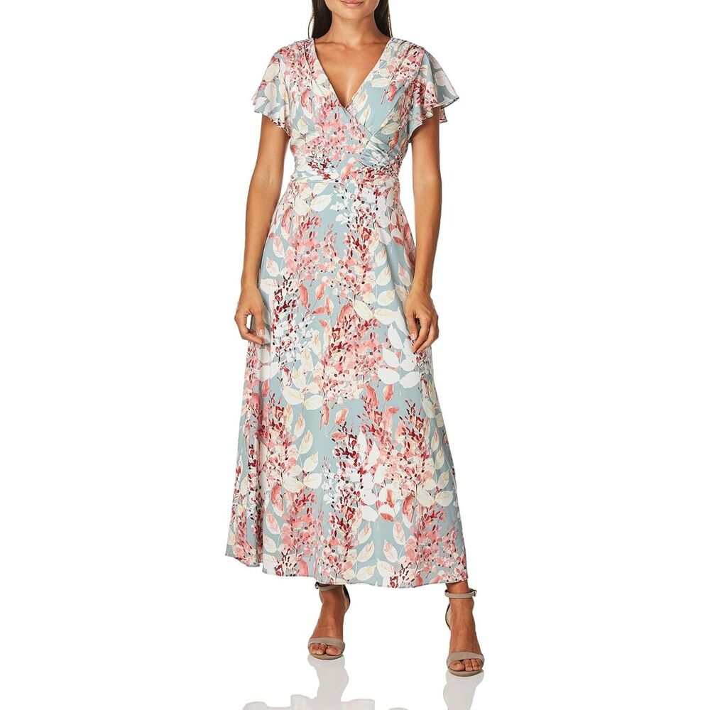 Adrianna Papell Floral Maxi Dress Flutter Sleeve And Ties In Back V Neck 14